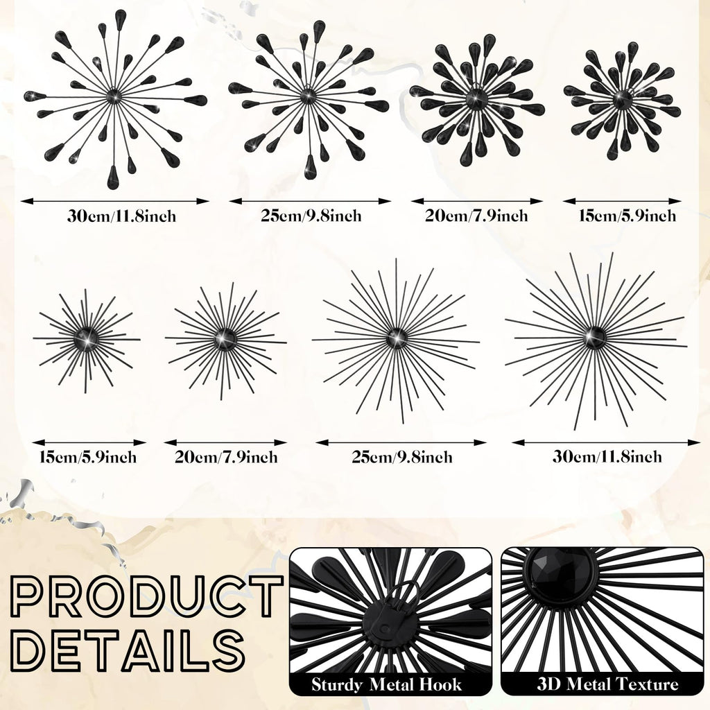 8 Pcs Metal Starburst Wall Art, 3D Crystal Teardrop Rhinestone Wall Sculptures, Modern Mid Century Hanging Accents