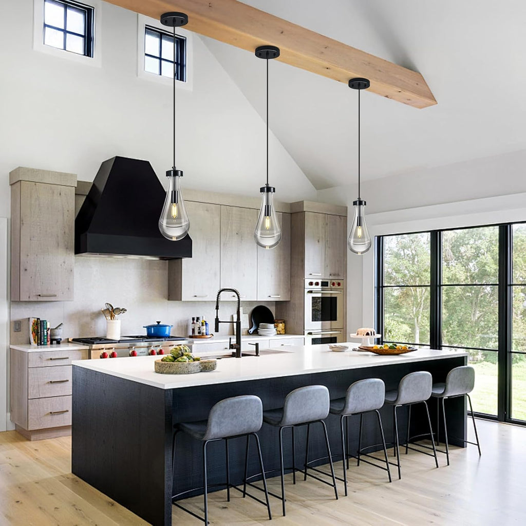 Raindrop Pendant Lights Kitchen Island Teardrop PlatingBlack Hanging Light Fixtures Clear Solid Glass Pendant Light Modern Chandeliers for Dining Room Porch Corridor Living Room(Black 3-Pack) A121-B0DL46B3DY