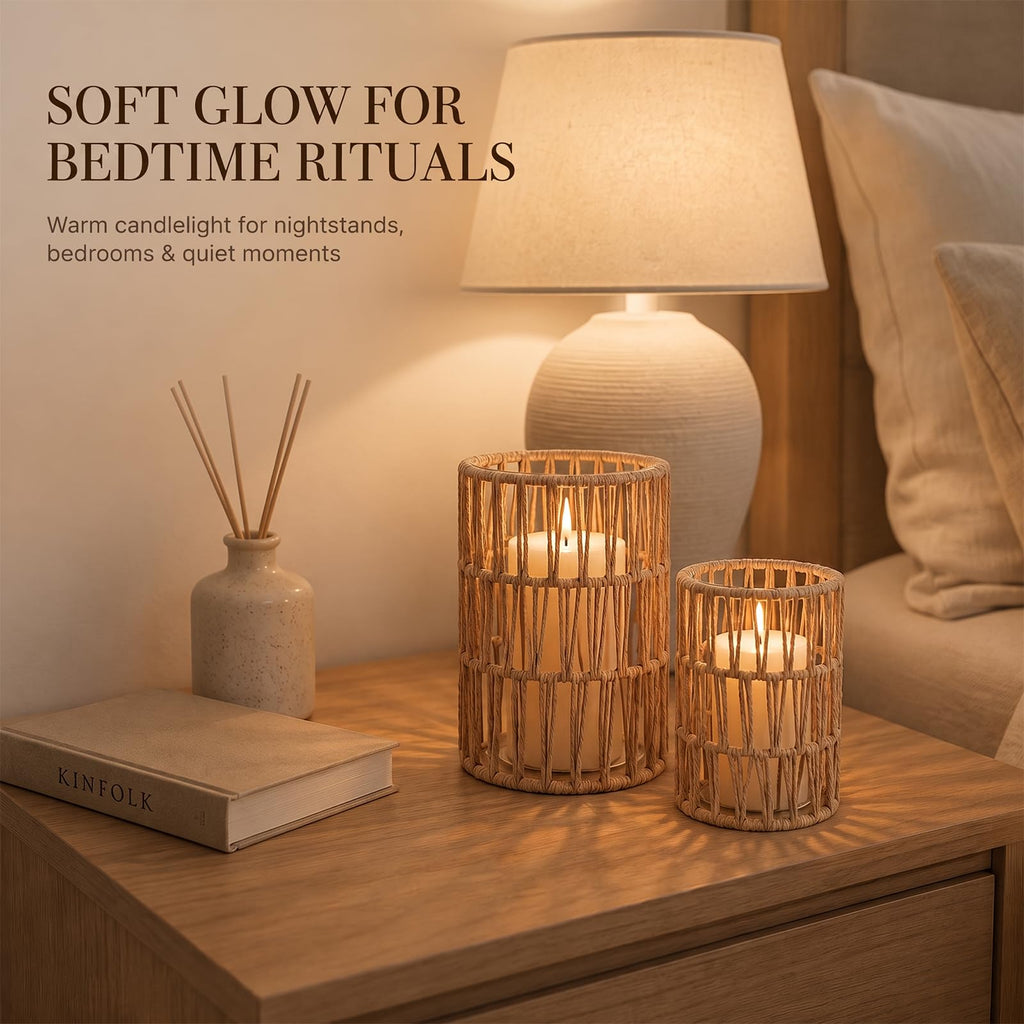 Rattan Candle Lantern Set of 2, Handwoven Boho Lanterns Decorative