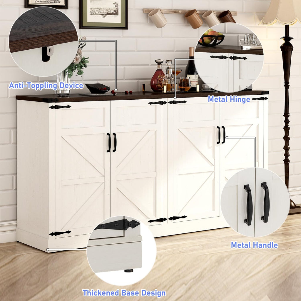 65 Inch Sideboard Buffet Cabinet with Storage, Farmhouse Kitchen Sideboard Cabinets with Adjustable Shelves, Wooden