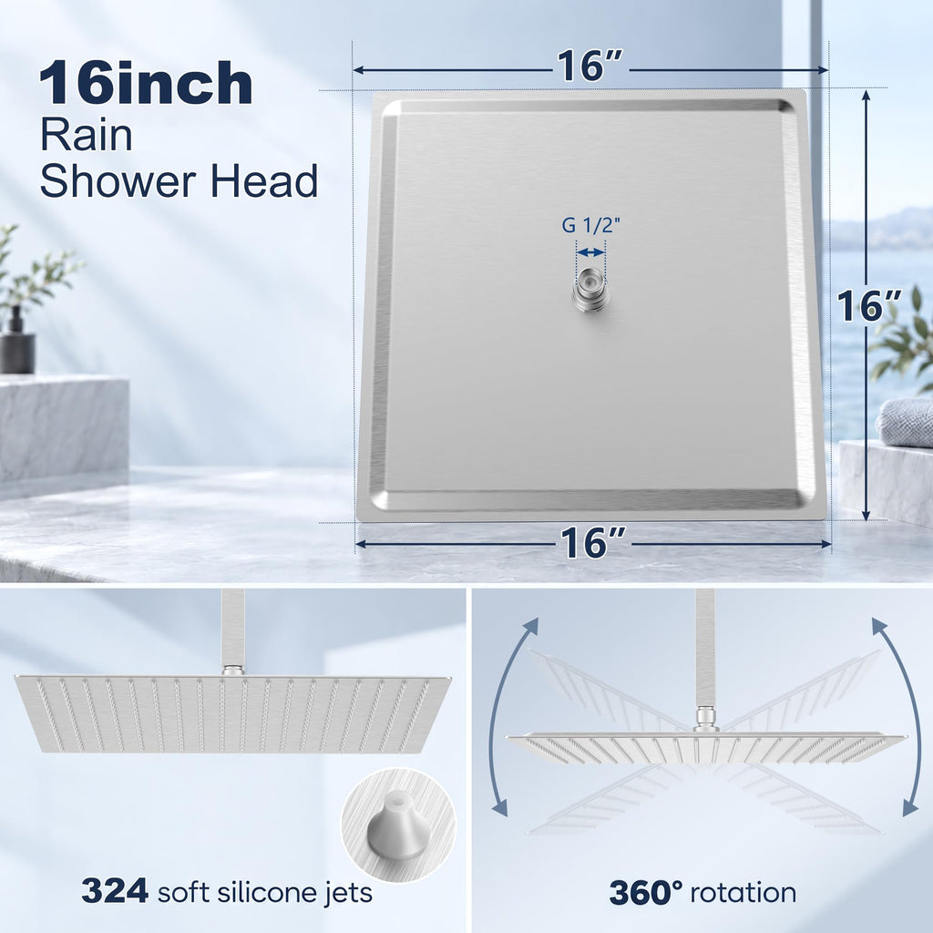 16 Inch Brushed Nickel Large Rain Shower Head, 304 Stainless Steel Square High Pressure Rainfall Shower Head, Ultra
