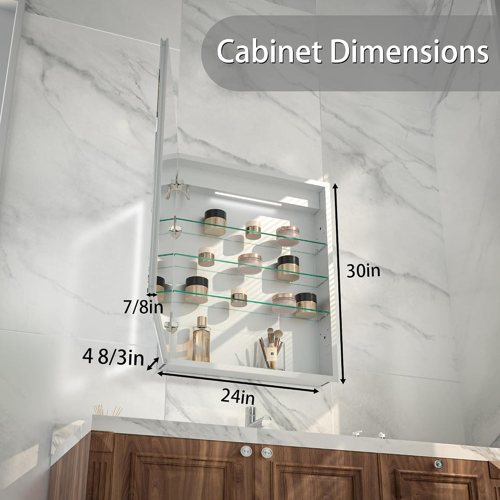 24 x 30" Wall-Mounted LED Bathroom Medicine Cabinet, Anti-Fog, 3 Color Temp | Surface-Mount/Recessed, Double-Sided