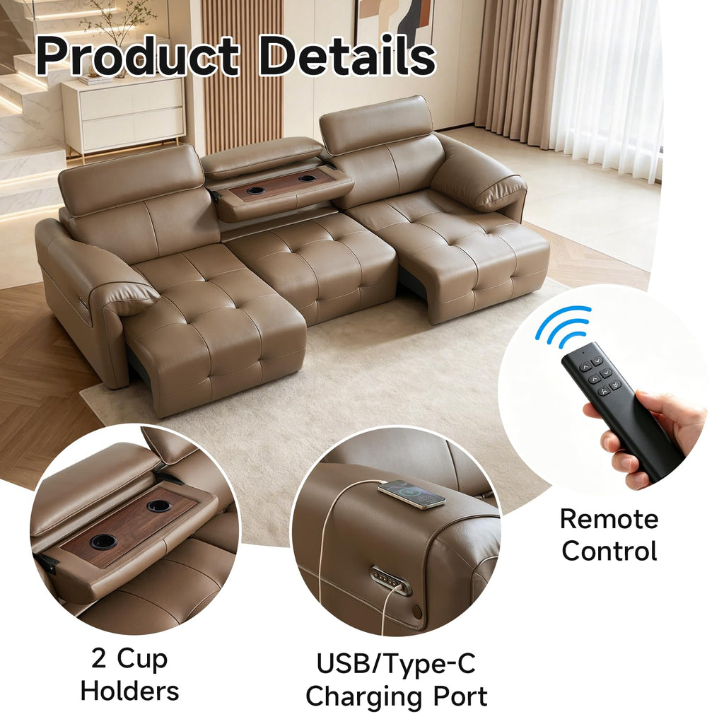 Electric Pull Out Couch With Adjustable Headrests, Genuine Leather Power Recliner Sofa with Extendable Footrest
