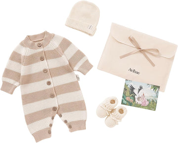 Knit Cotton Newborn Piece Set with Romper, Hat/Hair Band, Booties