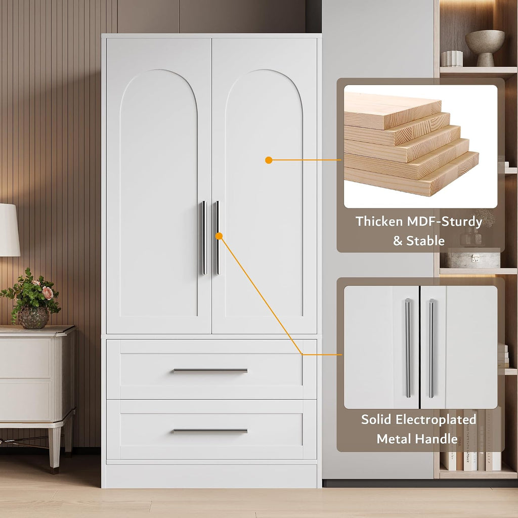 Armoire Wardrobe Closet with 2 Drawers, Modern Wooden Bedroom Armoire with Doors, Clothing Storage Cabinet with