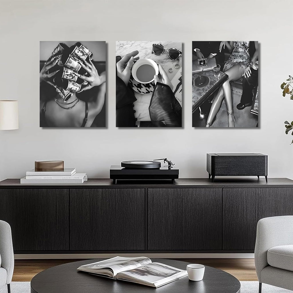 Trendy Black and White Wall Art Luxury Money Hair Rollers Girl Posters Prints Retro Bold Feminine Fashion Artwork
