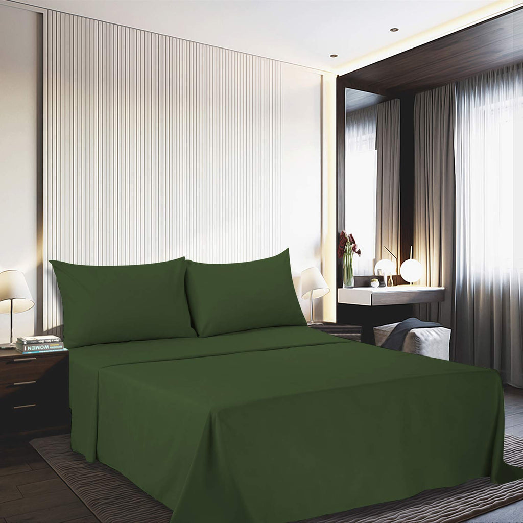 4 Piece Bed Sheet Set (Queen Size Olive Green) 1 Flat Sheet, 1 Fitted Sheet and 2 Pillow Cases, 100% Brushed Microfiber