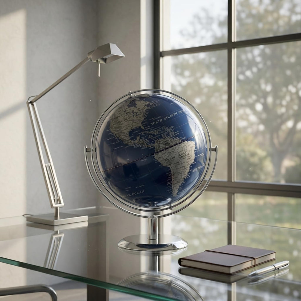 8" Blue World Globe with 720° Rotating Stainless Steel Stand for Adults - Elegant Adult Bookcase Decorative Home Desk