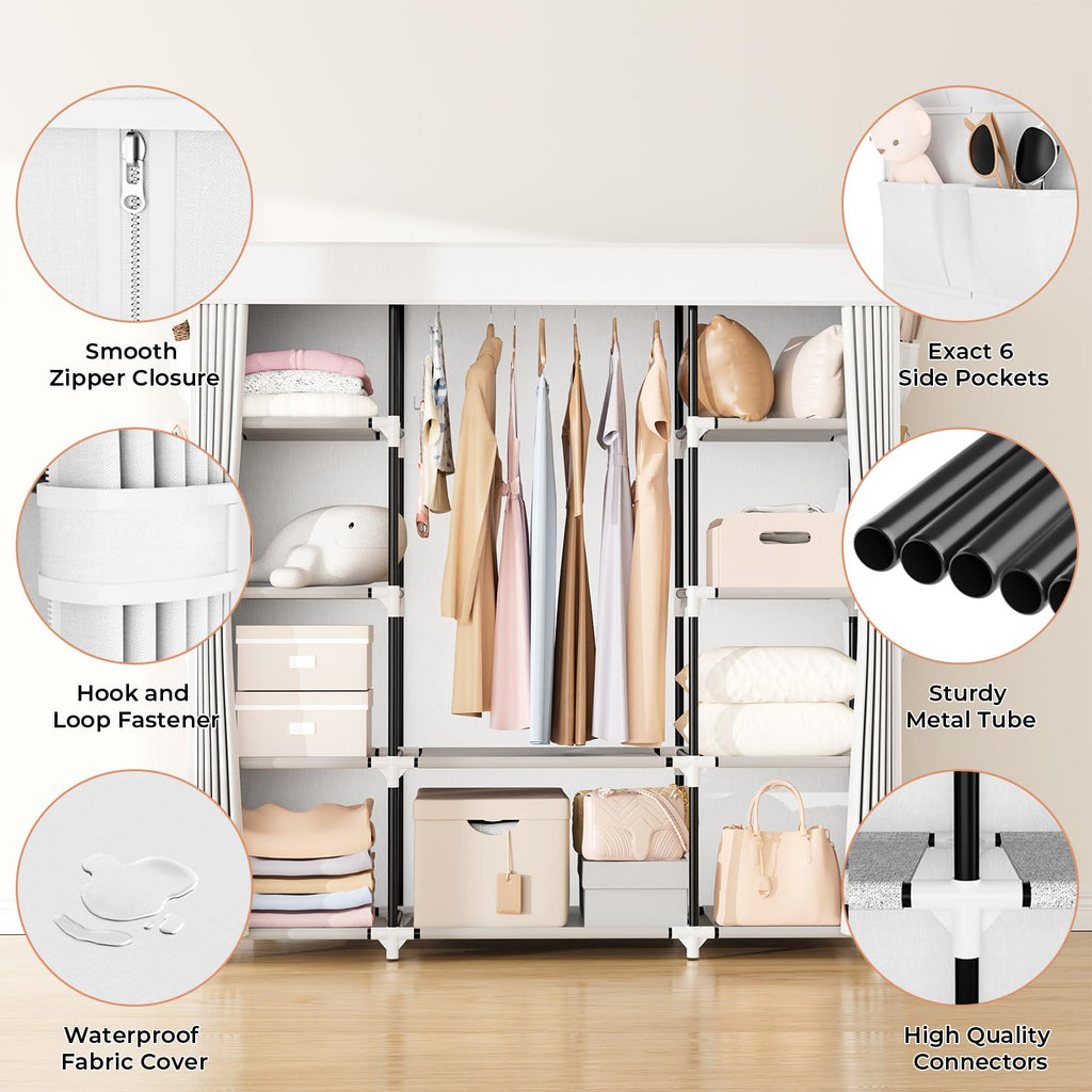 Portable Closet Wardrobe for Hanging Clothes 57.3 Inch Large Capacity Clothes Rack with Cover, 10 Storage Organizer