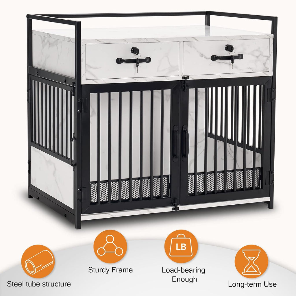 30" Furniture Style Dog Crate, Wooden Pet Crate End Table, Double Doors Kennel with Storage Drawers, 0649 (White)