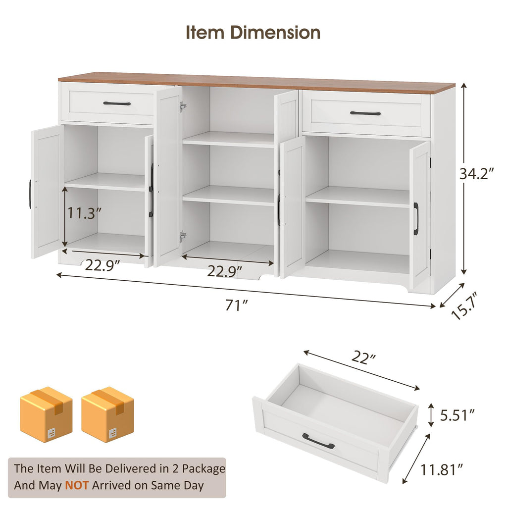 71" Farmhouse Sideboard Buffet Cabinet with Storage, White