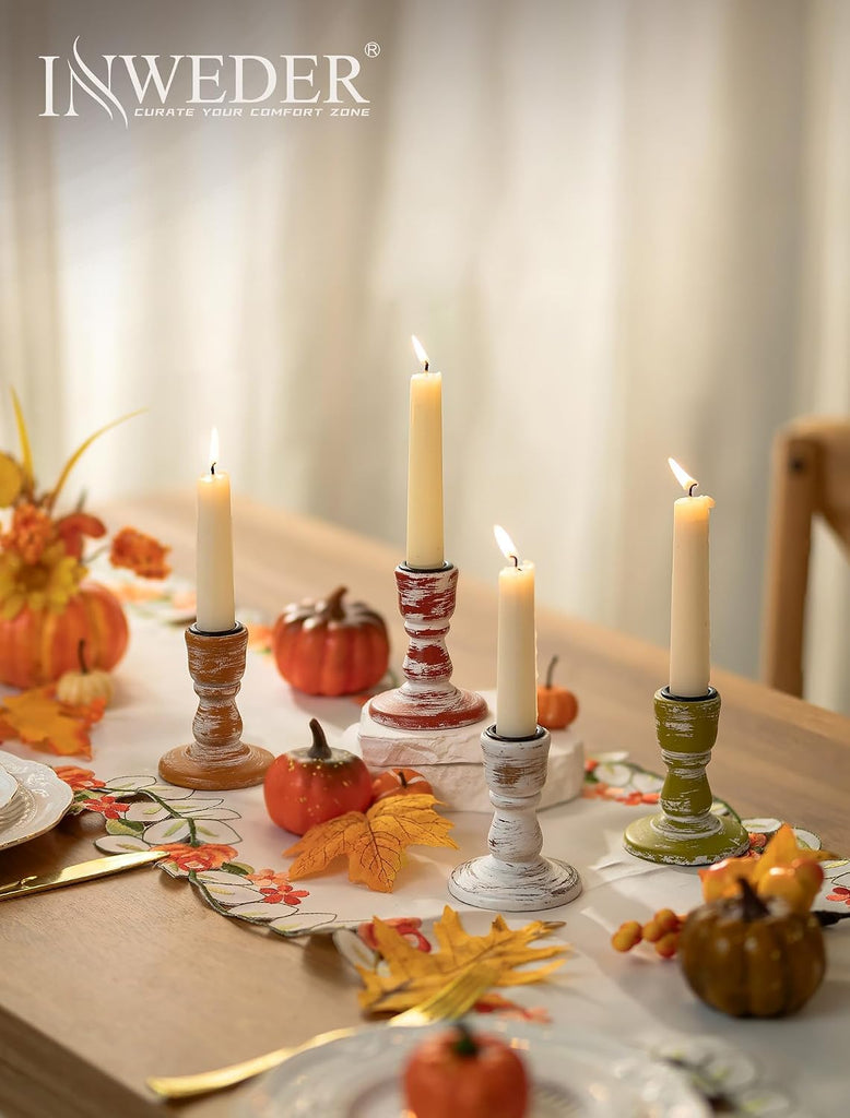 Fall Table Decor Rustic: Wooden Candlestick Holders - Set of 4