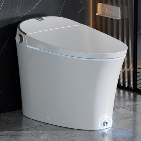 Smart Toilet with Built-In Bidet, Modern One-Piece Design with Tank, Heated Seat, Instant Warm Water, Pump-Assisted Auto Flush, Foot Sensor Operation, Air Dryer, Night Light, Digital Display