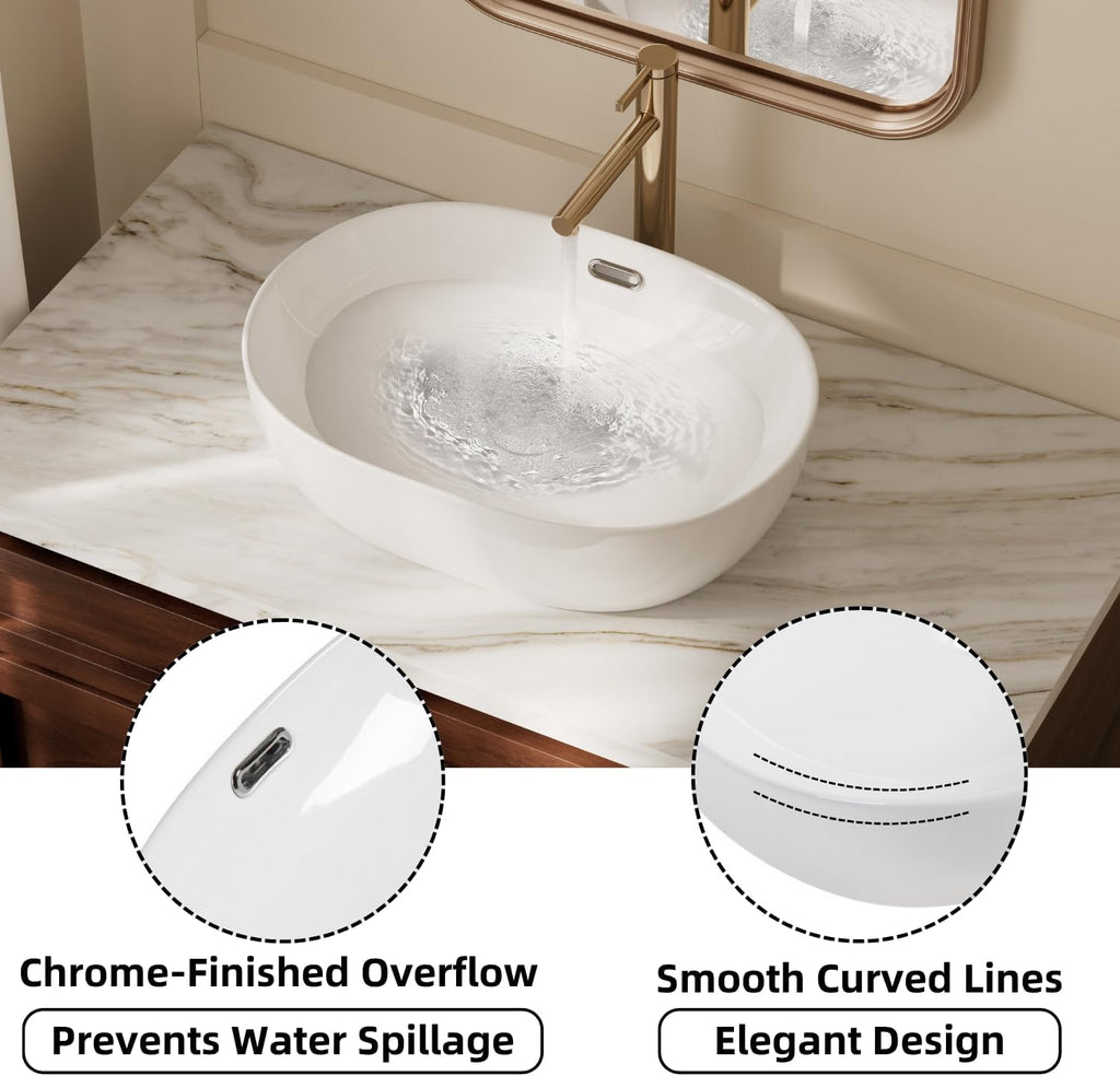 19"W x 14"D Oval Vessel Sink with Overflow, Los Flexi 19 Inch Oval White Ceramic Countertop Bathroom Sink