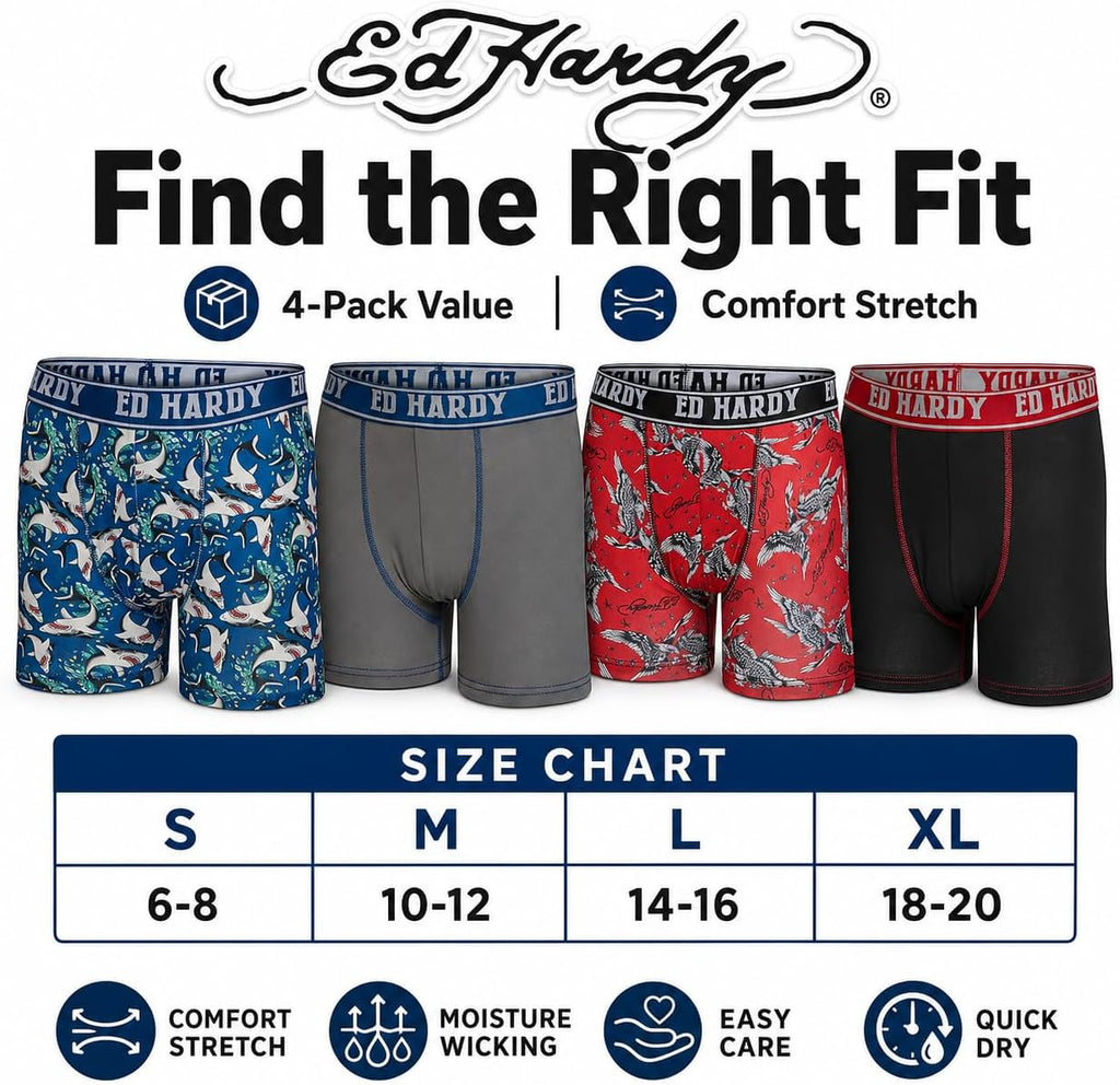 Boys Boxer Briefs Multipack Performance Underwear, Breathable Stretch Fabric, Tattoo Skull Graphic Designs