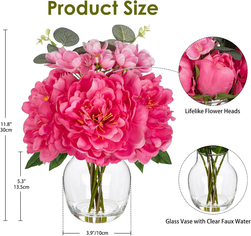 Fake Flowers in Vase Pink Peonies Artificial Flowers Peony Bouquet Silk Flower Arrangements with Glass Vase with Faux