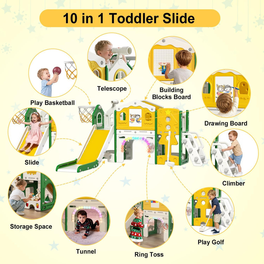 10 in 1 Toddler Slide for Toddlers Aged 1-3 Indoor Playset Green
