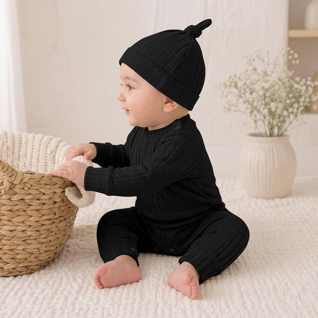 Baby Girl Ribbed Romper Hat Set Long Sleeve Infant Fall Outfit