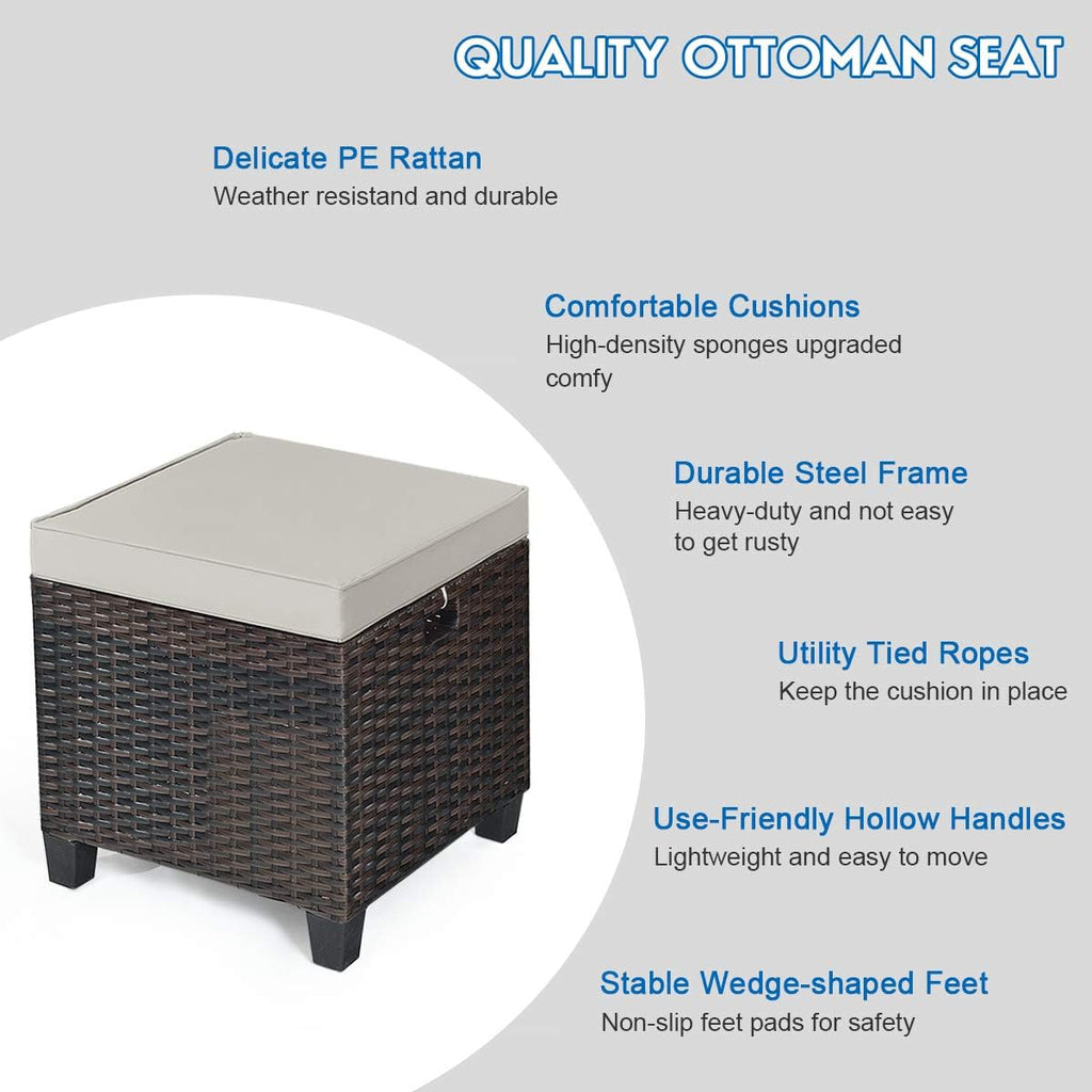 2 Pieces Outdoor Patio Ottoman, All Weather Rattan Wicker Ottoman Seat, Patio Rattan Furniture, Outdoor Footstool