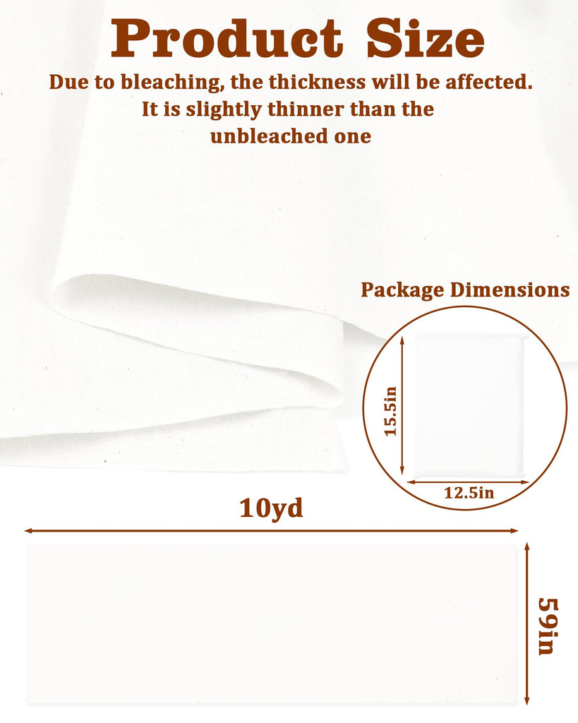 100% Cotton Muslin Fabric by The Yard, 59in x 10yd White Bleached Cotton Muslin Cloths-Medium Weight Beige Calico