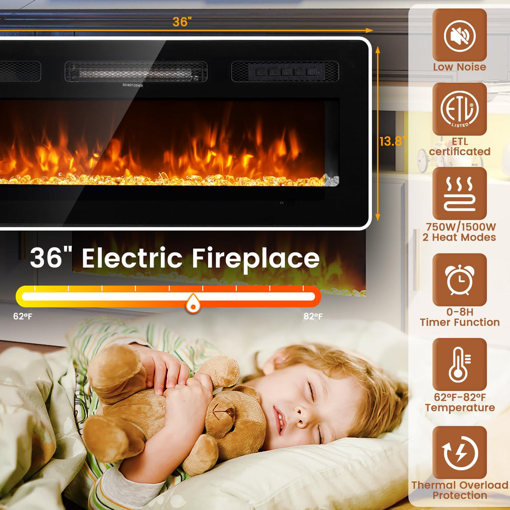 70" for TVs up to 80", Modern Entertainment Center with 36" Electric Fireplace, Built-in Power Outlet, 12-Color LED