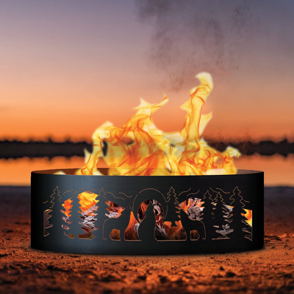 Wolves Unpainted 12 in. Tall 37 in. Diameter Outdoor Fire Ring with Fire Poker - 37 x 37 x 12 in. - Rustic