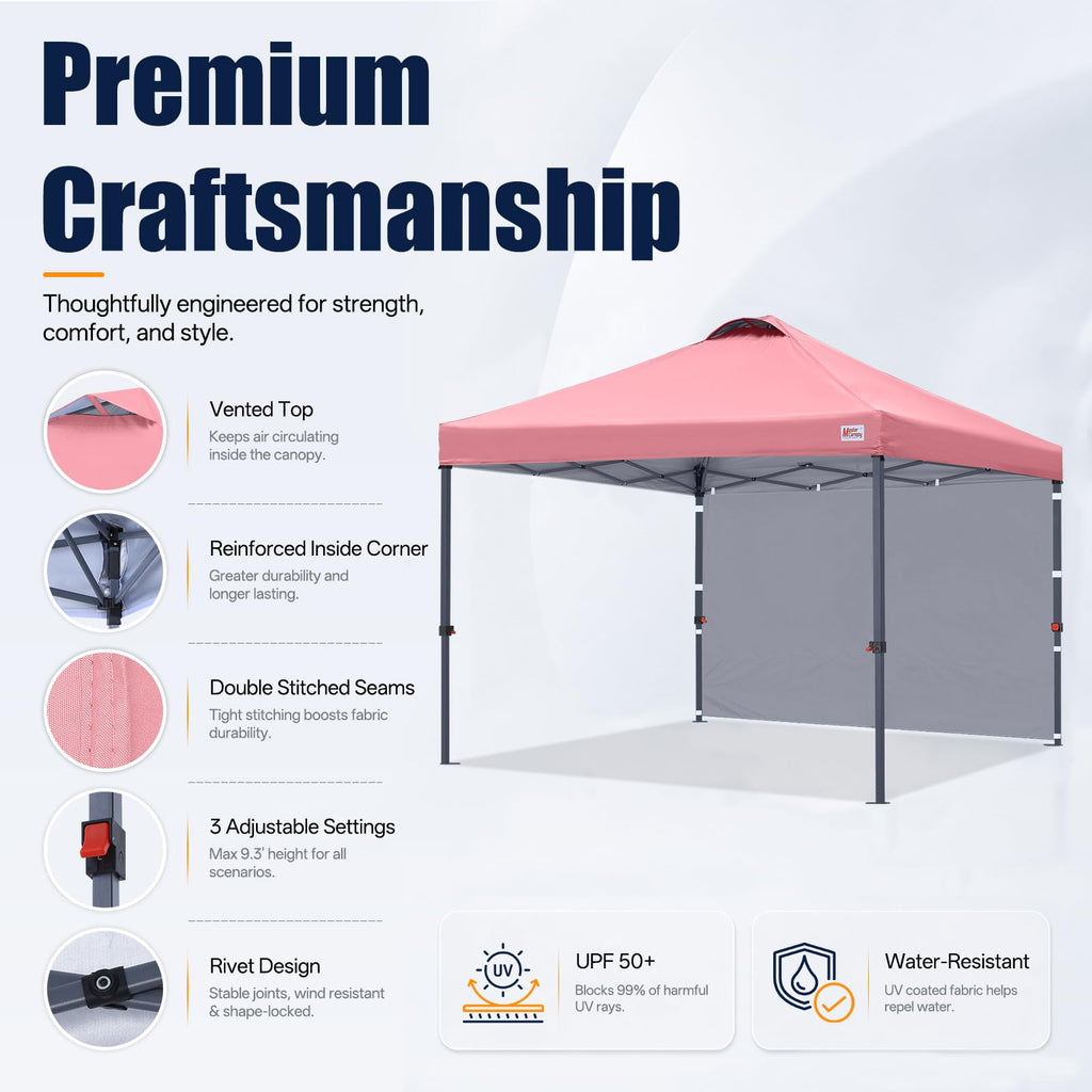 10x10 Durable Pop Up Canopy Tent with 1 Sidewall, Pink