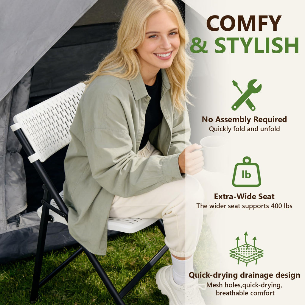 Folding Chairs 8 Pack, White Folding Chairs with Breathable Plastic Mesh Back & Seat, Sturdy Metal Frame Support up