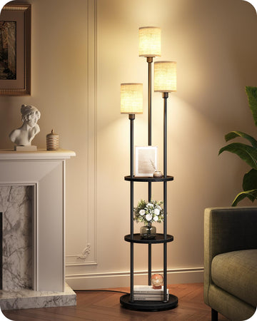 Floor Lamp with Shelves, 3-Light Floor Lamps, Modern Standing Lamp with Linen Shades and Foot Switch, 66.1'' Tall