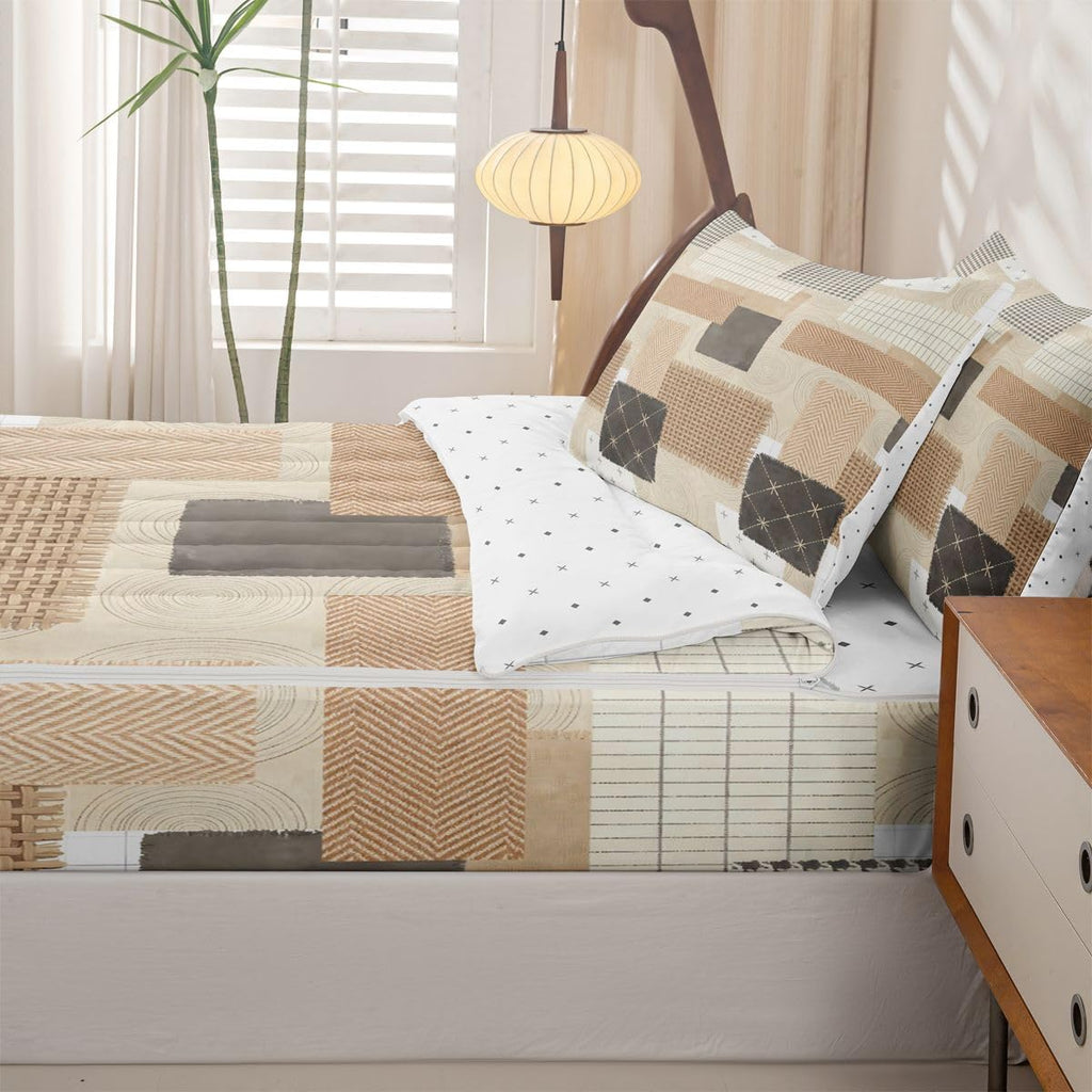 Patchwork Grid Zipper Comforter Set, Boho Abstract Grid Circle Queen Size Bedding Sets, Modern Farmhouse 1 Zipper