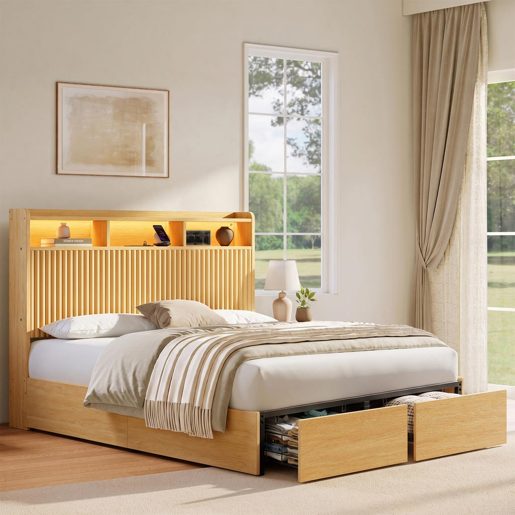 Queen Bed Frame with Headboard and Storage Drawers, Queen Size Platform Bed Frame with LED Lights and Charging