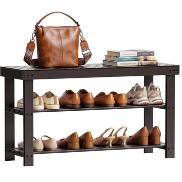 Sturdy Bamboo Shoe Rack Bench, 3-Tier Shoe Organizer, Storage Shelf Hallway Bathroom Living Room (Dark Brown)