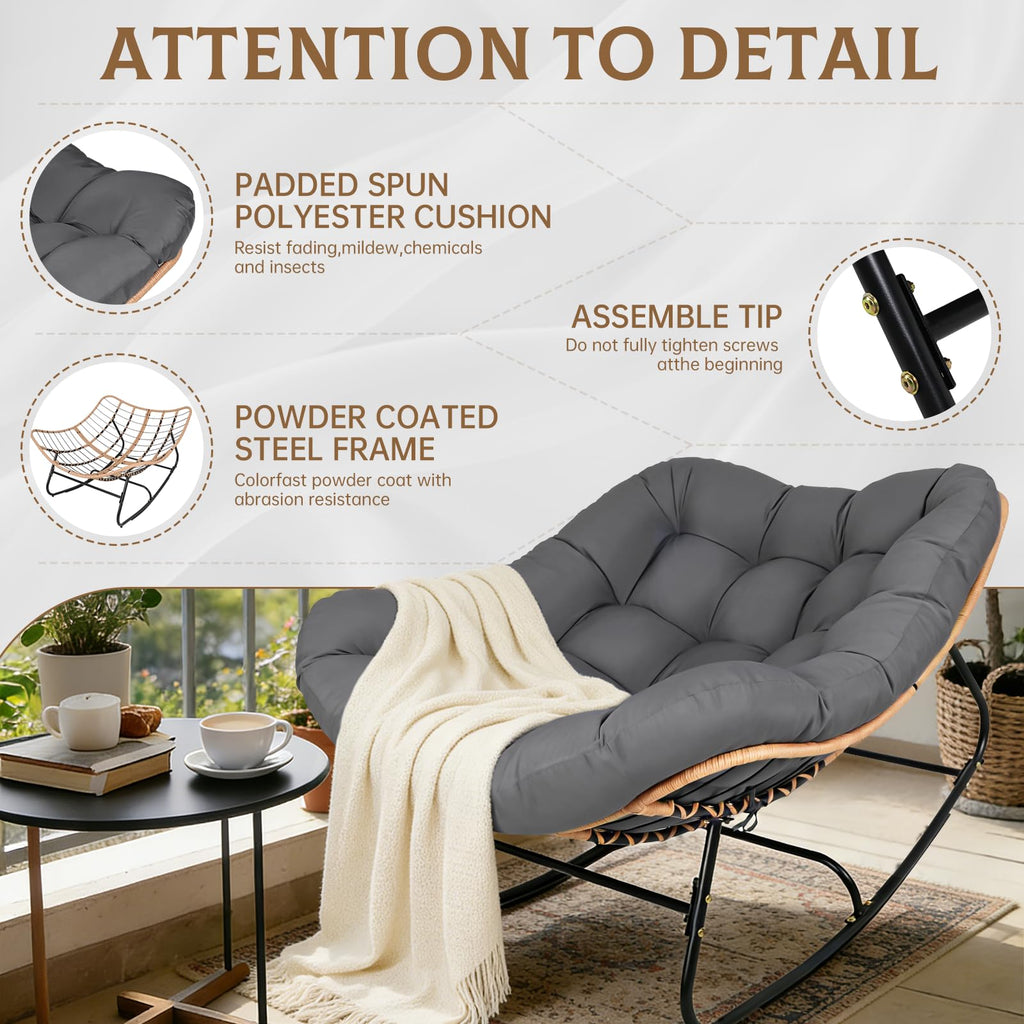 Oversized Wicker Rocking Chair Indoor Outdoor, 450 LBS Heavy Duty Patio Papasan Egg Chair with Cushion, E-Coated