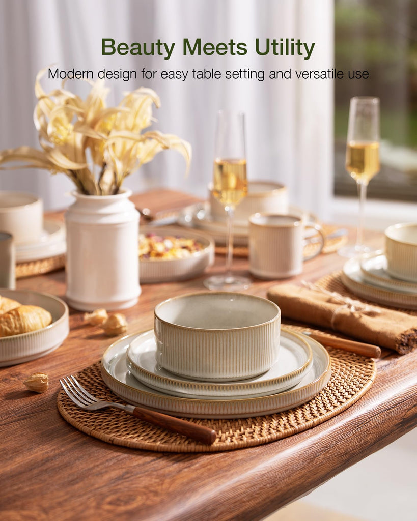 Star Stoneware Dinnerware Set, Reactive Glaze Plates & Bowls for 4
