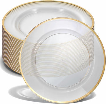 Disposable Gold Charger Plates, 12inch Clear Chargers with Gold Trim - Set of 25