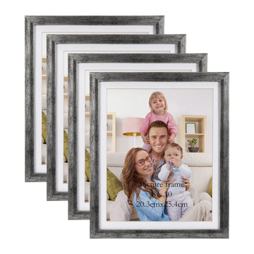 8x10 Picture Frame Distressed Silver Set of 4, 9x11 Frame for 8"x10" Photo with Mat, Antique Silver Frames for Wall