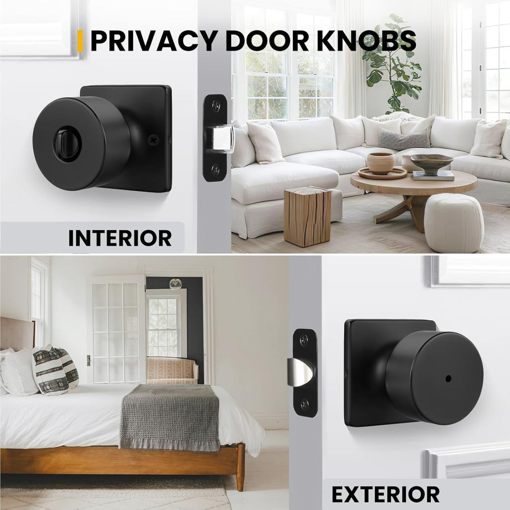 Matte Black Door Knobs Interior, Privacy Bedroom Door Knob with Lock, Black Interior Door Knobs Bathroom 6 Pack