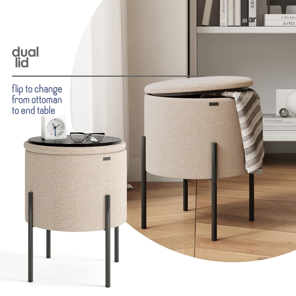 Round Ottoman with Storage, Boucle Storage Ottoman, Foot Stool, Makeup Vanity Stool, Small Foot Rest, Modern Ottomans