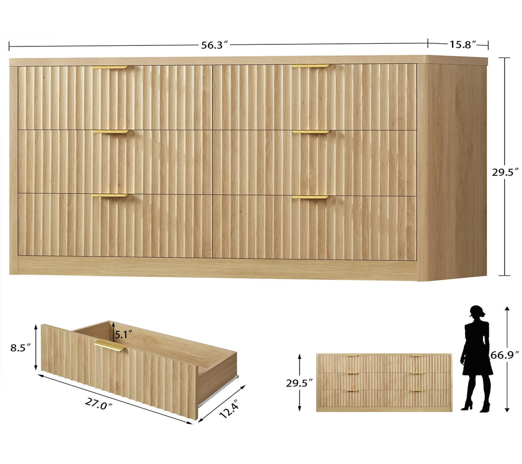 56.3'' Dresser with 6 Drawers, Dressers & Chest of Drawers with Curved Profile Design, 6 Drawer Dresser, Fluted