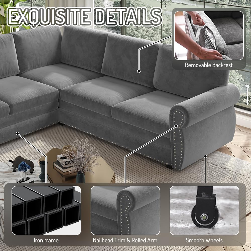 118" Sleeper Sofa Bed, Sectional Couches /Apartment, Chenille L Shaped Couch with Pull Out Couch Bed, Convertible