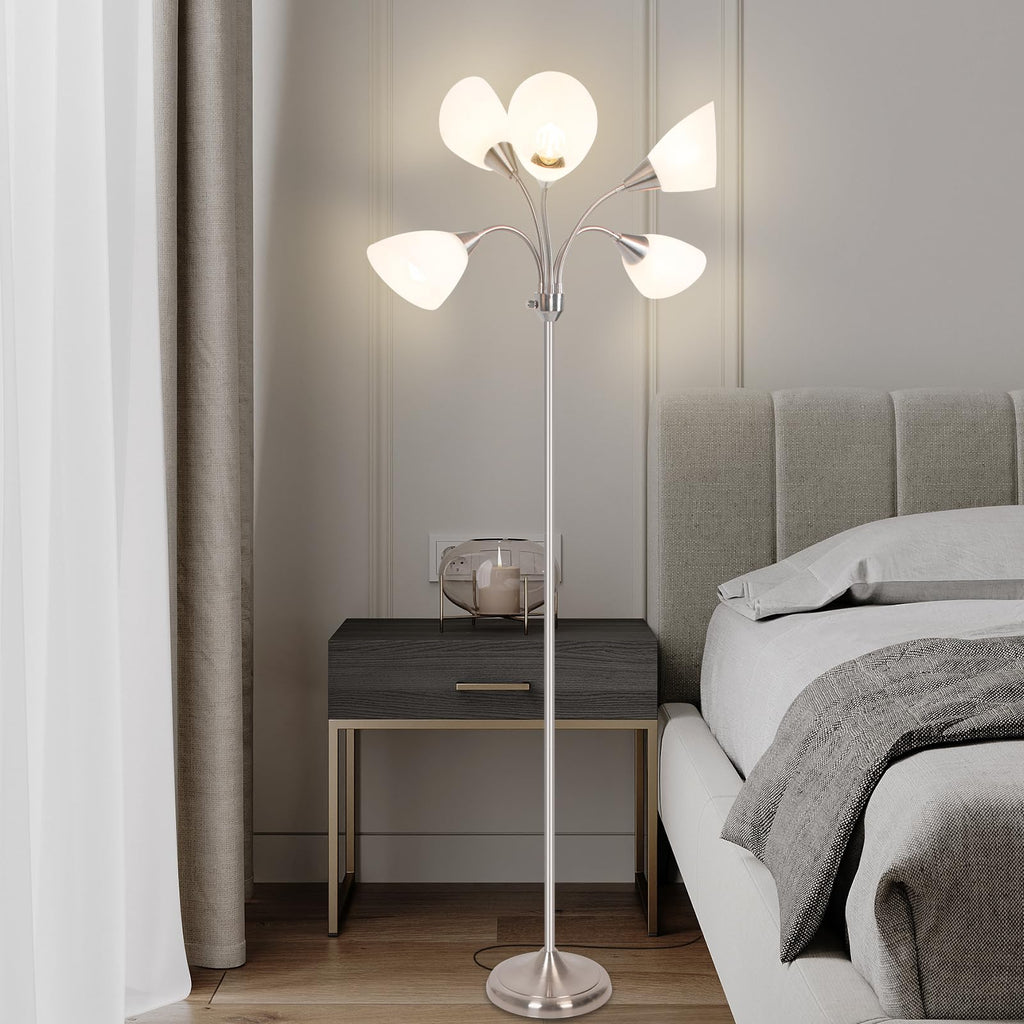 Floor Lamp, 5 Adjustable Neck Heads with Lampshades, Multi-Light Standing Reading Lamp