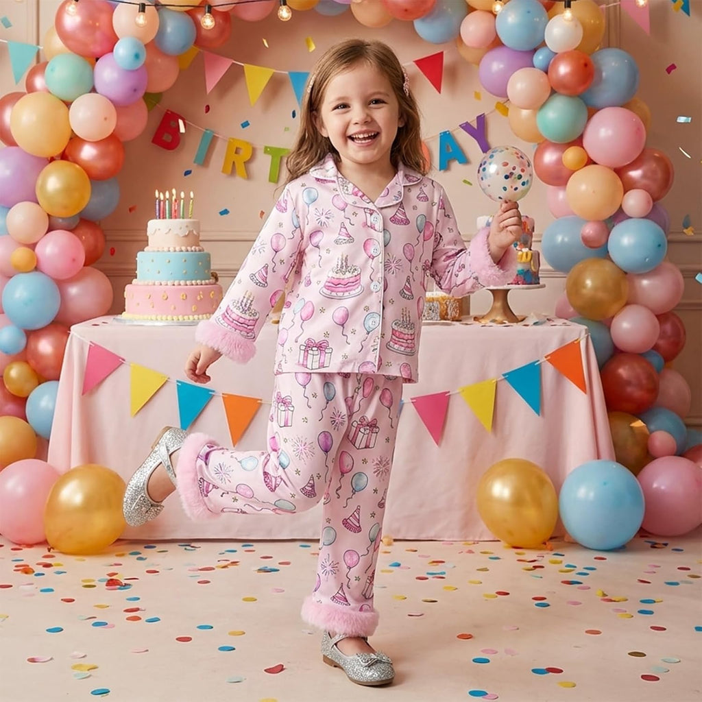 Kids Toddler Girl Pajamas Fuzzy Trim Button Down Shirt Pants