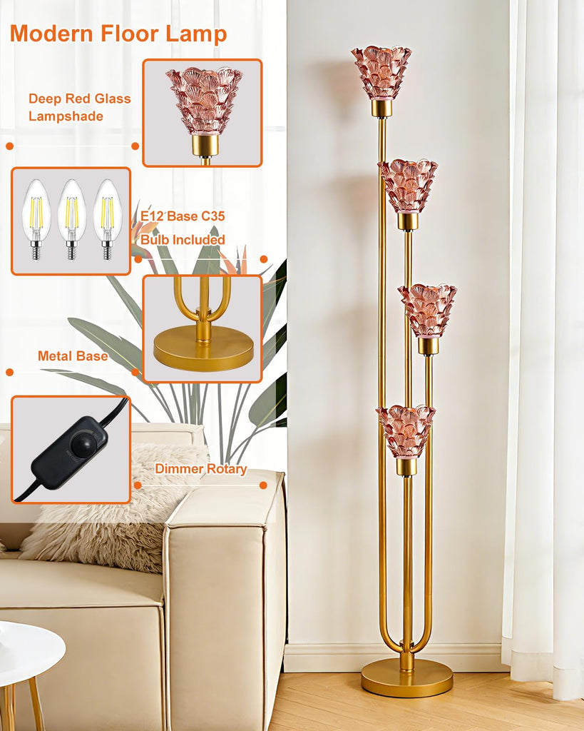 4-Light Modern Glass Floor Lamp, Gold Tall Standing Lamp with Deep Red Flower Glass Shade, Dimmable LED Floor Lamp