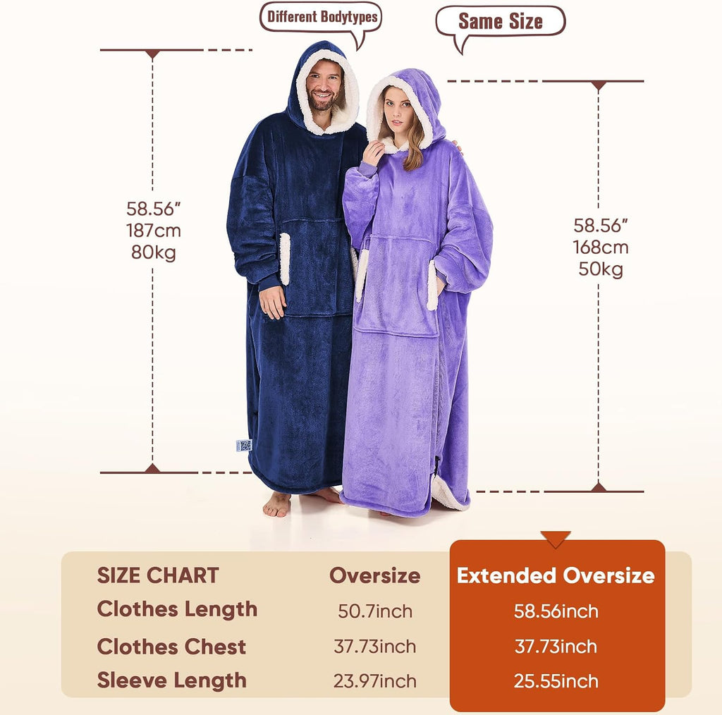 Wearable Blanket Hoodie, Flannel Sherpa Fleece Blanket Sweatshirt for Adults Women Men, Big Plush Cozy Hooded Blanket