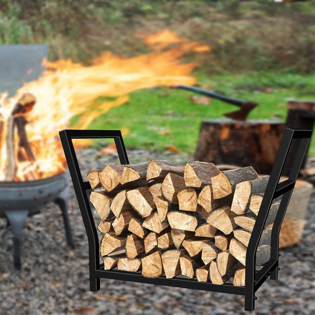 24in Small Firewood Rack Metal Indoor Log Holder for Fireplace, Outdoor Patio, Fire Pit, Stove - Black