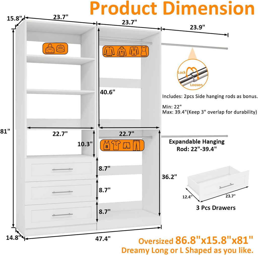 Closet System of 2 Sets with 3 Drawers & 4 Shelves & 4 Hanging Rods, 4FT-10FT Closet Organizer System, Walk in