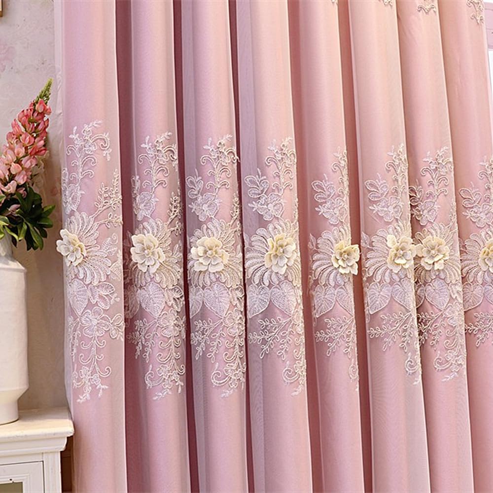 1 Pair Luxury European Curtains with Valance Bedroom Double Layer Embroidered Room Darkening Curtains (Pink, 51x96
