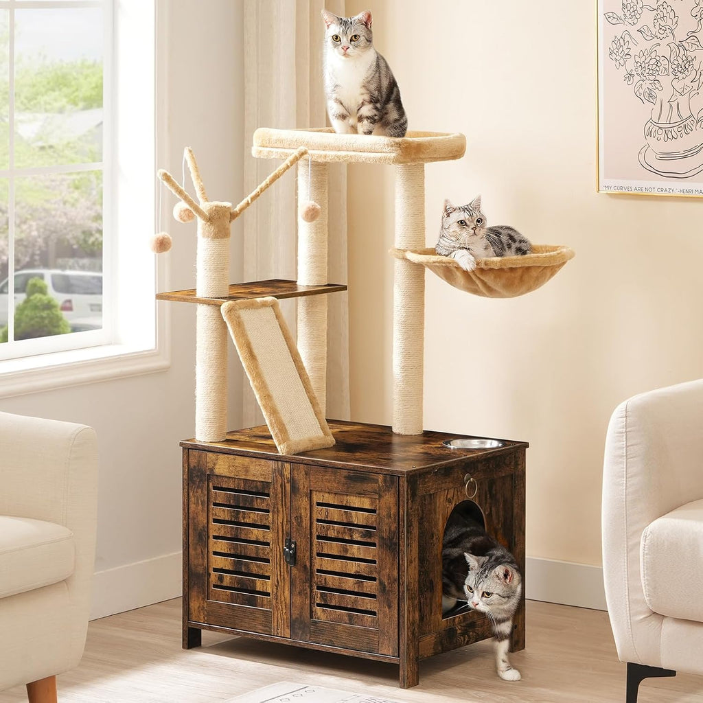 Cat Tree with Litter Box Enclosure, 44" Tall Wooden Cat Tower with Scratching Posts, Cat Hammock, Hidden Litter Box