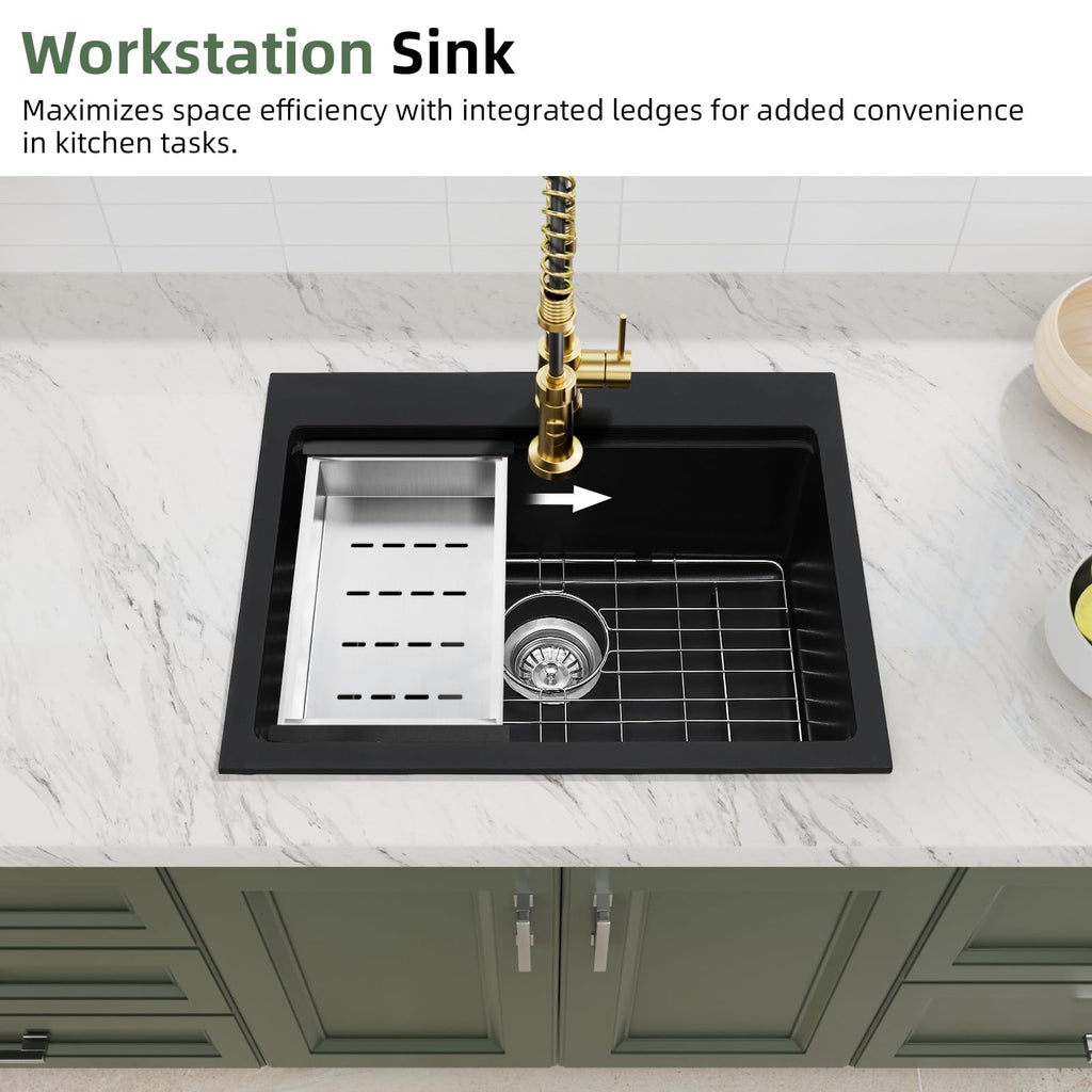 25 Inch Black Granite Composite Kitchen Sink Workstation, Quartz Kitchen Sink Black, Drop in & Undermount