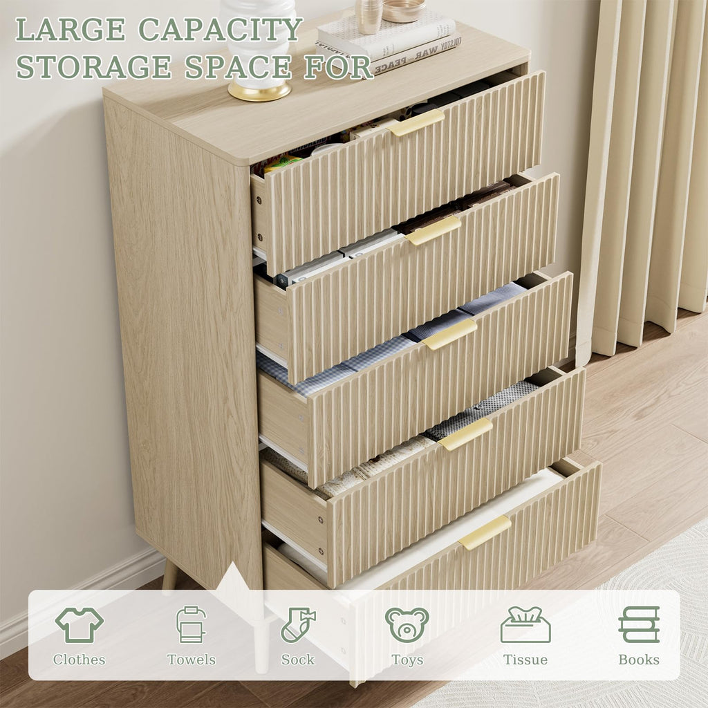 Beige 5 Drawer Dresser, 45" Tall Modern Chest of Drawers with Fluted Panel, Curved Profile Design, Metal Handles